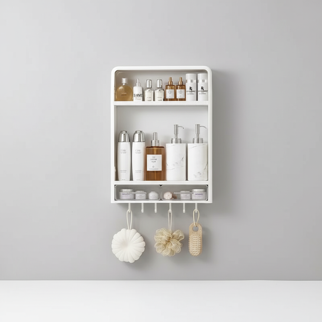 SpaceTidy minimalist plastic shelf, mounted on a bathroom wall, keeping essentials tidy.