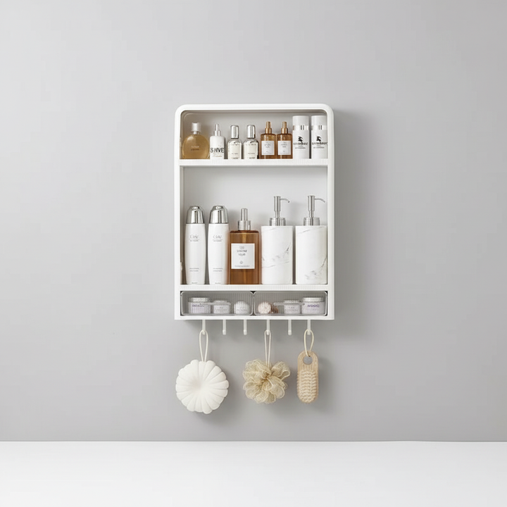 SpaceTidy minimalist plastic shelf, mounted on a bathroom wall, keeping essentials tidy.
