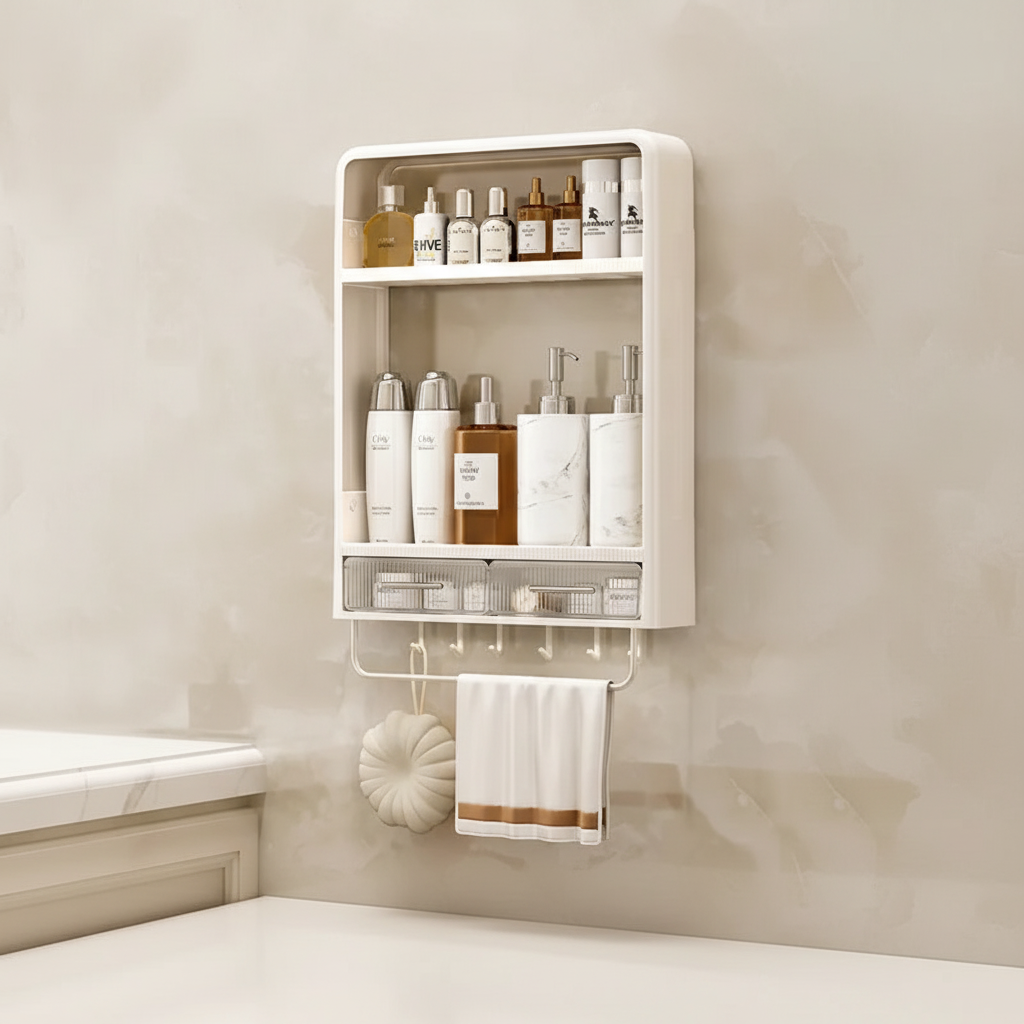 Modern no-drill bathroom organizer, white plastic, providing a sleek storage solution.