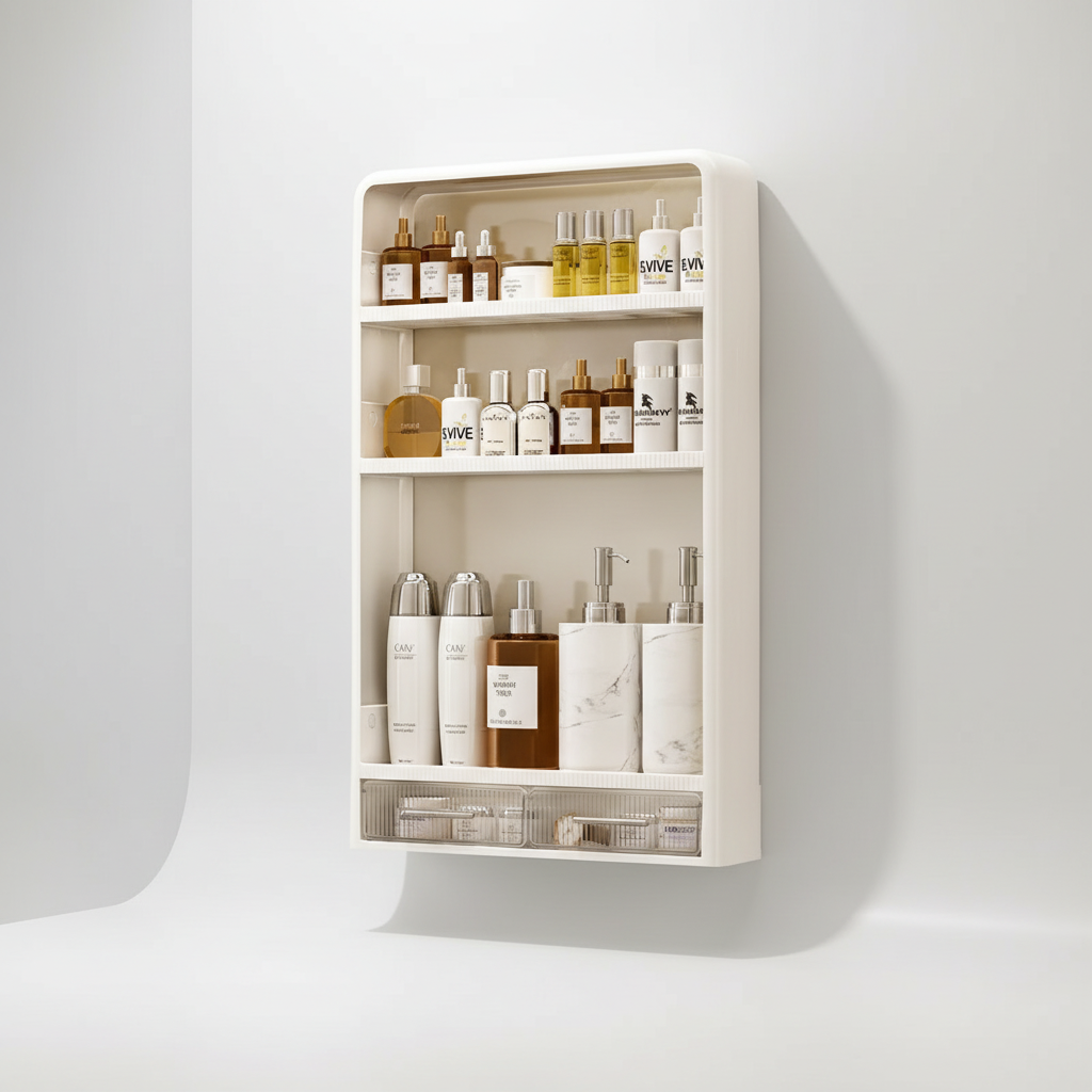 Minimalist white plastic bathroom storage shelf, designed for easy wall mounting, water-resistant.