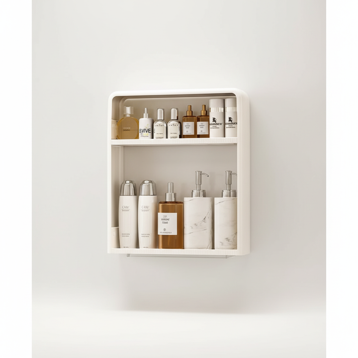 SpaceTidy no-drill adhesive bathroom storage organizer, sleek and water-resistant