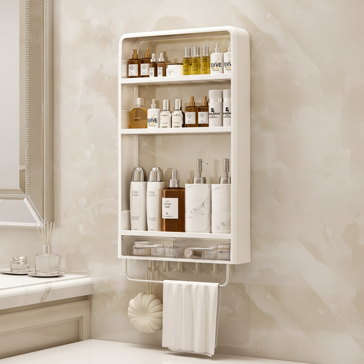 Durable plastic bathroom shelf, minimalist design, strong adhesive wall-mount for storage