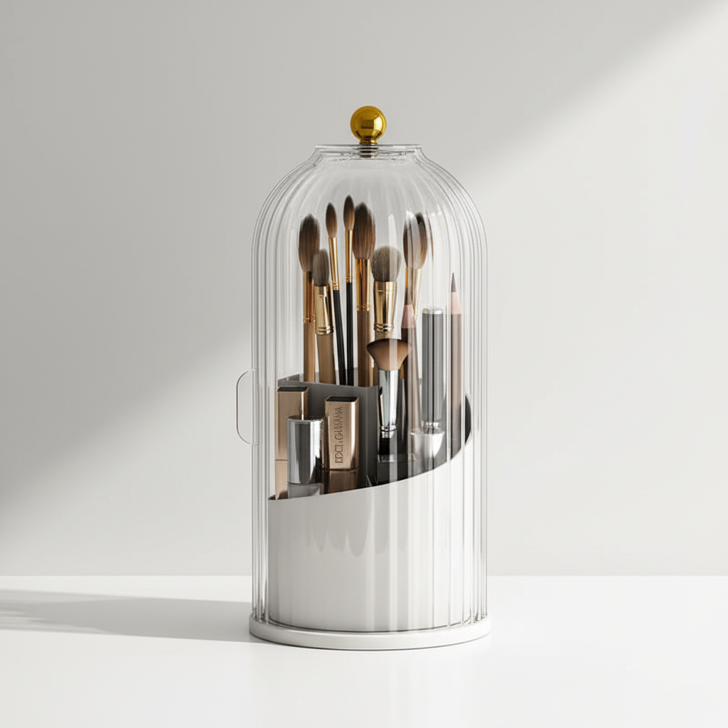 Modern rotating cosmetic organizer for vanity, minimalist design, holds makeup brushes & tools, BrushLuxe