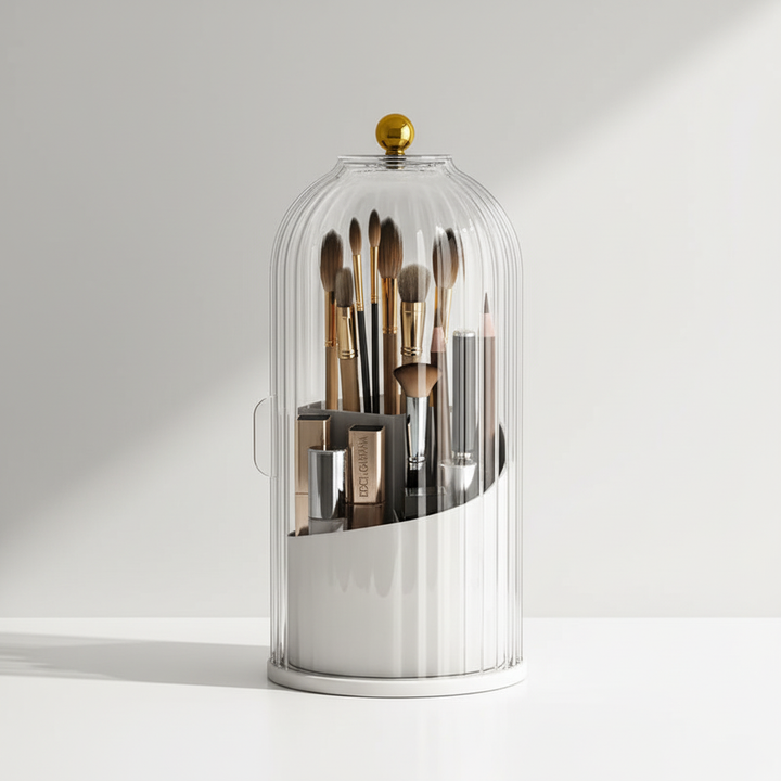 Modern rotating cosmetic organizer for vanity, minimalist design, holds makeup brushes & tools, BrushLuxe