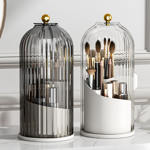 BrushLuxe rotating makeup storage, minimalist, organizing brushes on a bathroom counter, modern vanity