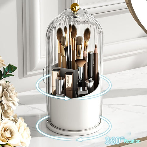 White minimalist rotating brush organizer, keeping brushes tidy & dust-free on a dresser, cosmetic storage
