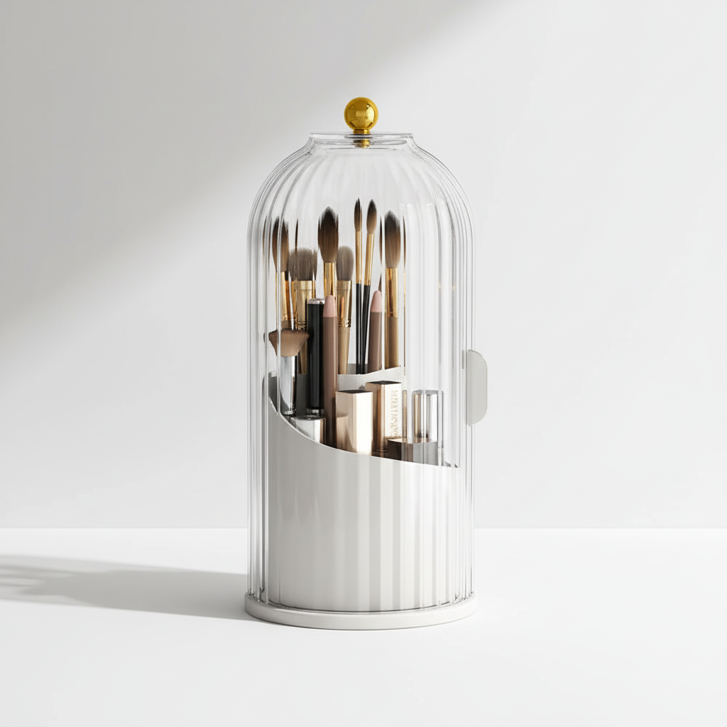Elegant rotating makeup organizer for brushes, modern white design, ideal for beauty and vanity storage