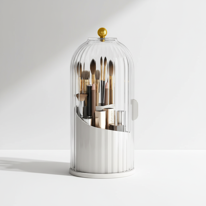 Elegant rotating makeup organizer for brushes, modern white design, ideal for beauty and vanity storage