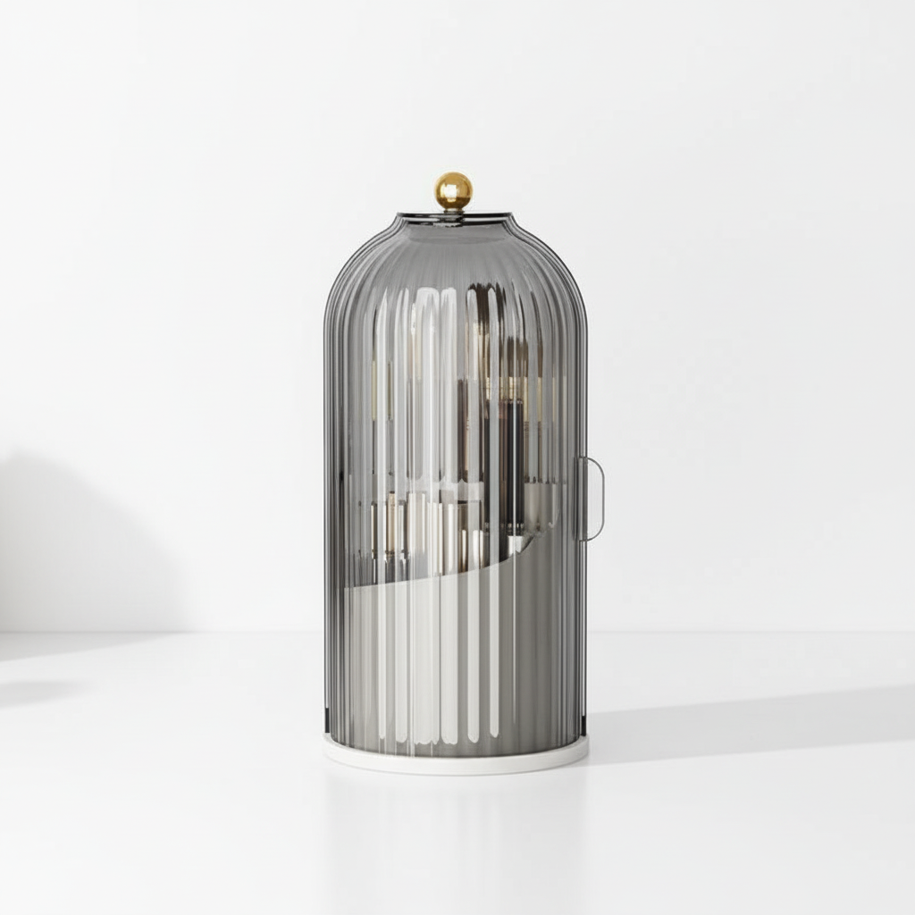 BrushLuxe dust-proof rotating organizer, minimalist aesthetic, perfect for cosmetic brush storage & display