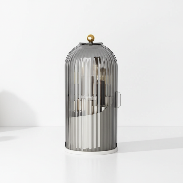 BrushLuxe dust-proof rotating organizer, minimalist aesthetic, perfect for cosmetic brush storage & display