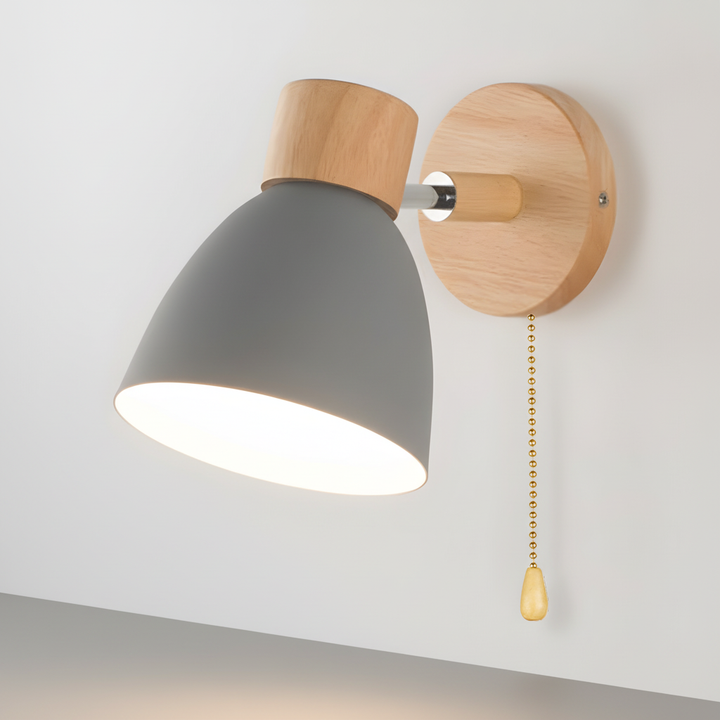 Clean-lined wooden wall light, WoodLuma brand, enhances modern living room decor