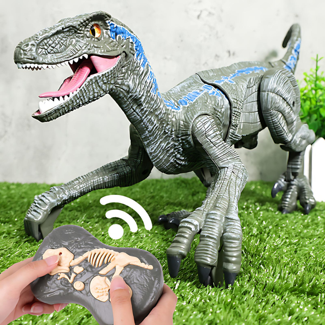 Misting remote control dinosaur toy with LED lights & roaring sound for kids' prehistoric fun.