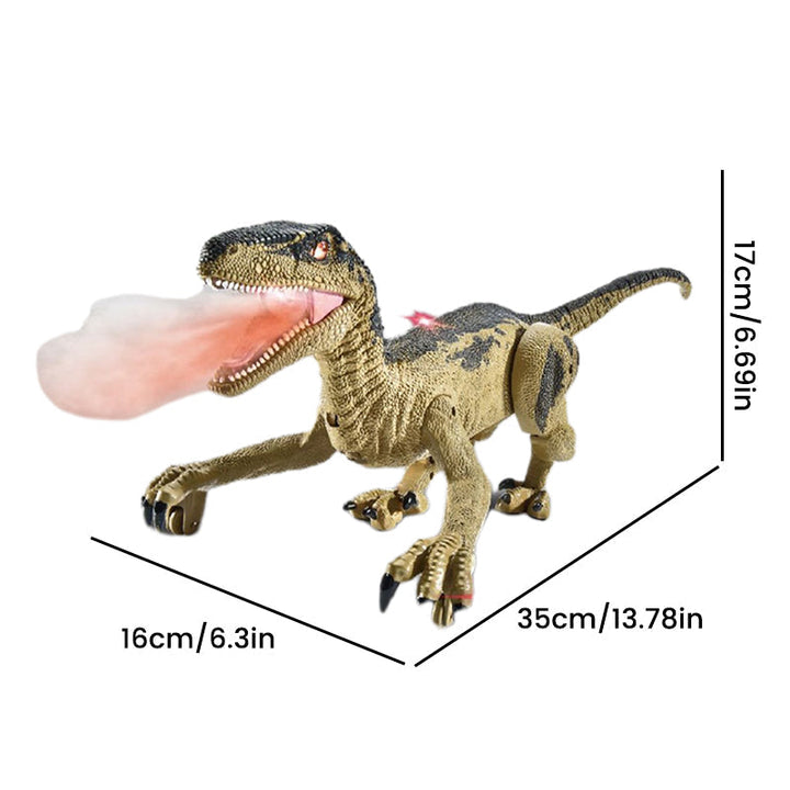 Remote control dinosaur toy for kids, emitting cool mist & showcasing vibrant LED lights & sound.