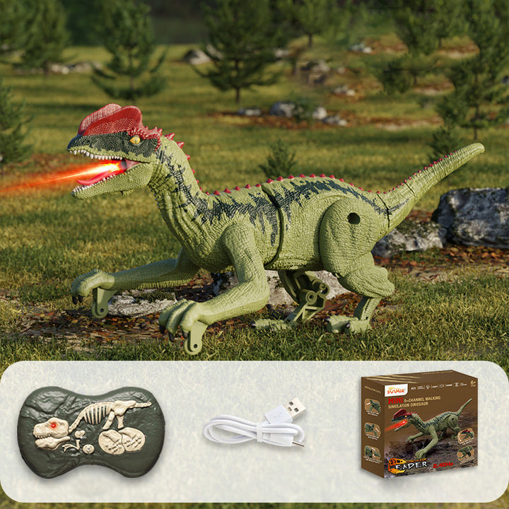 Close-up of the remote control for the misting dinosaur toy, highlighting its easy-to-use buttons.