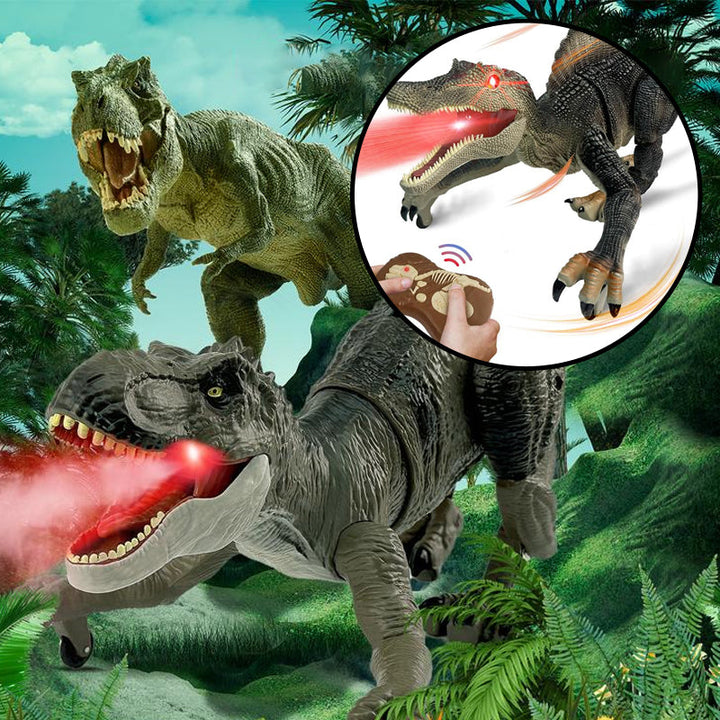 Kids playing with a remote control misting dinosaur toy, featuring LED lights and sound effects.