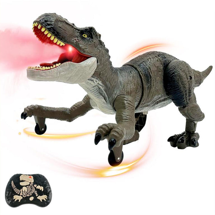 Close-up of RoboRex misting dinosaur, showcasing LED eyes & detailed texture. Ideal kids' gift.