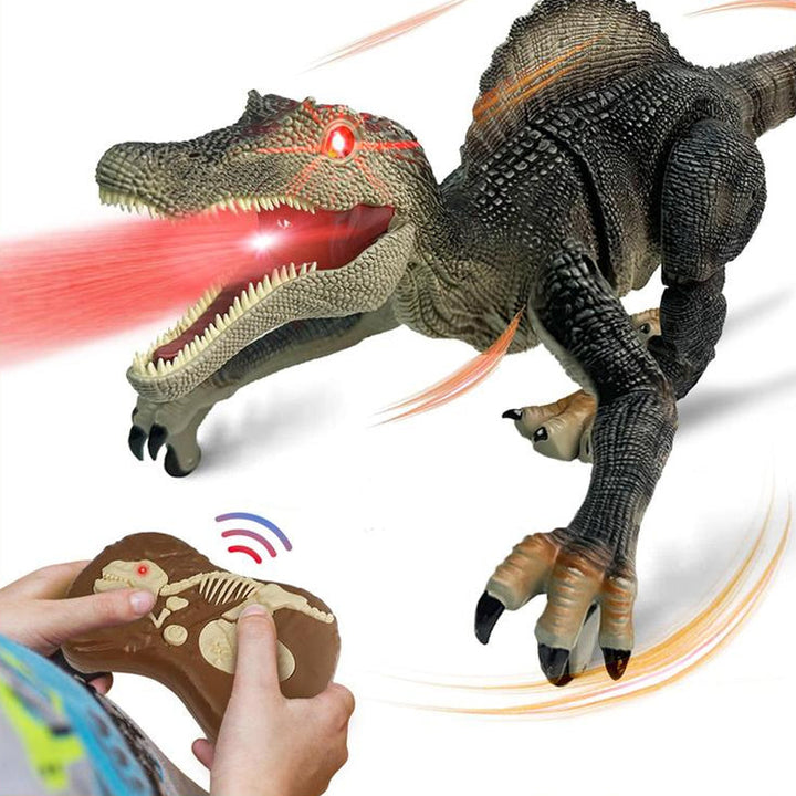 Boy operating a remote control misting dinosaur that walks, roars, and emits cool mist.