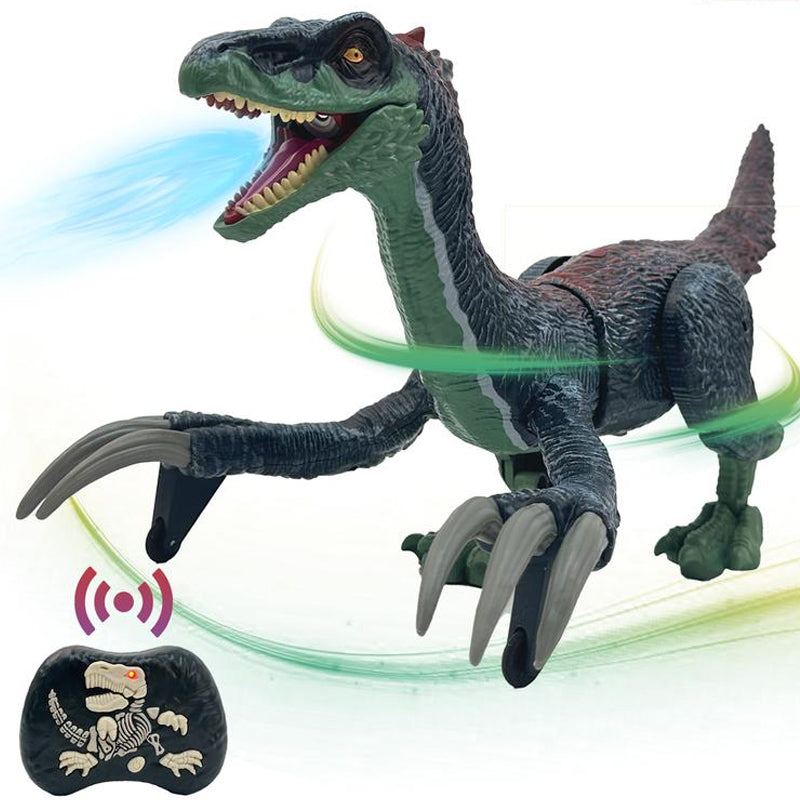 Girl having fun with a prehistoric remote control dinosaur, emitting mist and glowing LED lights.