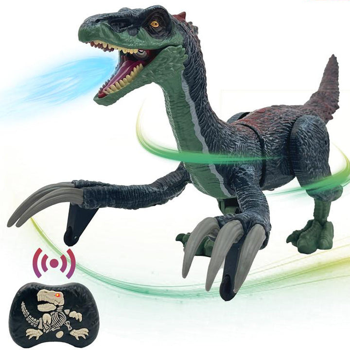 Girl having fun with a prehistoric remote control dinosaur, emitting mist and glowing LED lights.