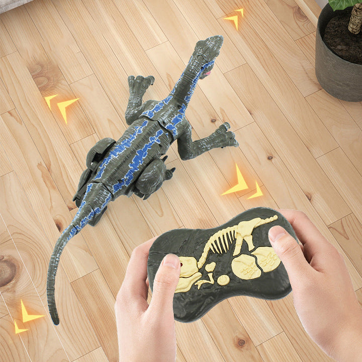 Misting velociraptor-like RC dinosaur toy, with LED lights & sound for interactive play.