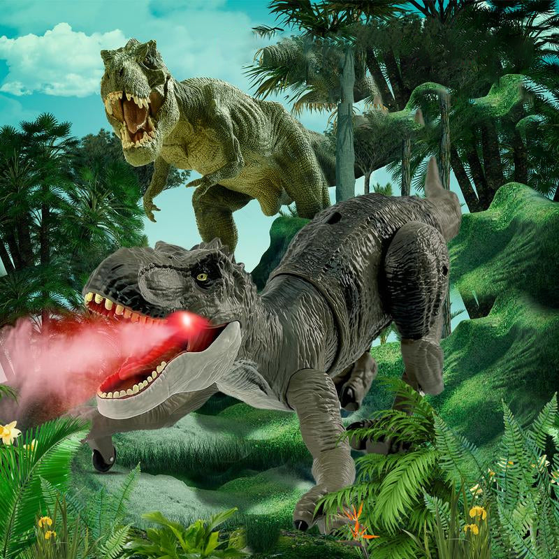 Dynamic shot of a remote control T-Rex misting dinosaur, featuring light-up eyes & fierce roar.