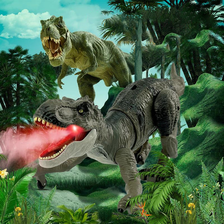 Dynamic shot of a remote control T-Rex misting dinosaur, featuring light-up eyes & fierce roar.
