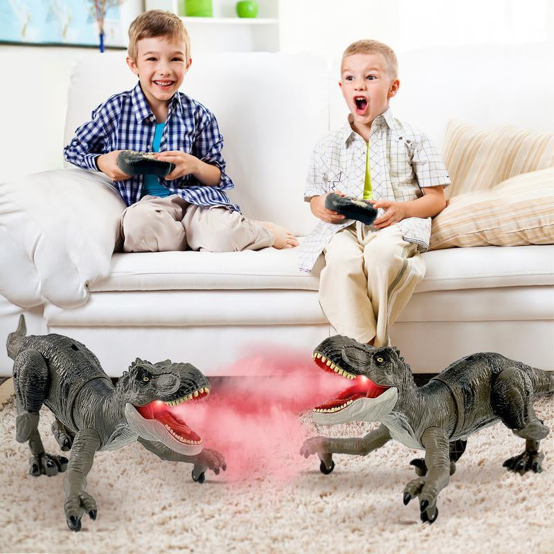 Fun interactive misting dinosaur toy for kids, controlled by remote, with LED lights & sounds.