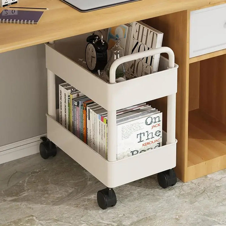 Mobile 2-Tier Bookshelf Cart with wheels & pen holder, perfect for home office or study room book storage.