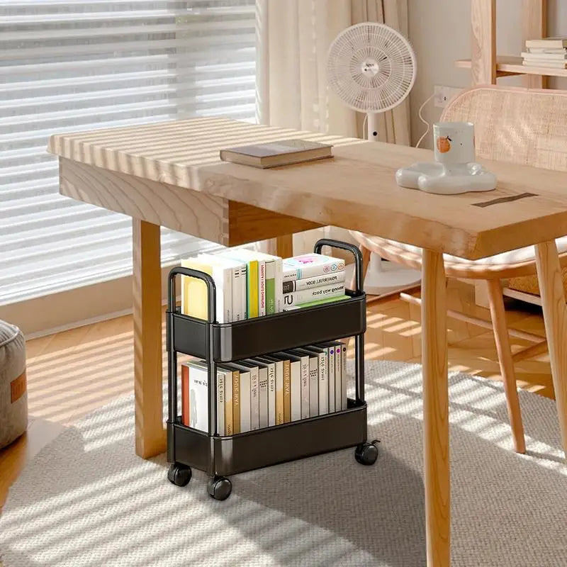 Compact rolling bookshelf cart, 2-tier design, with pen holder & wheels for easy home or bedroom storage.