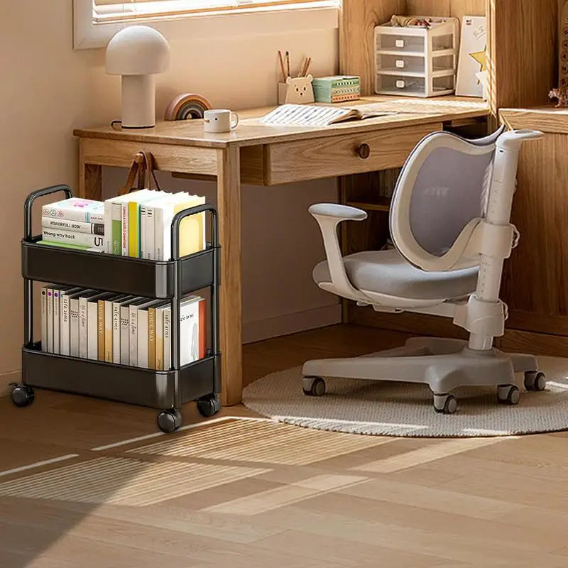 Versatile 2-tier storage organizer with wheels & pen holder for books. Ideal for living room or study.