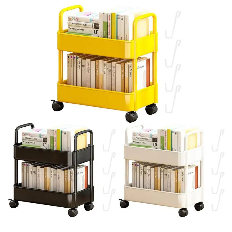 Wheeled 2-tier bookshelf cart with integrated pen holder. Excellent for mobile book and stationery storage.