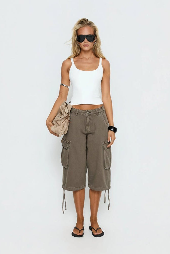 Mocha women's relaxed fit cargo capris, ideal for casual summer style.