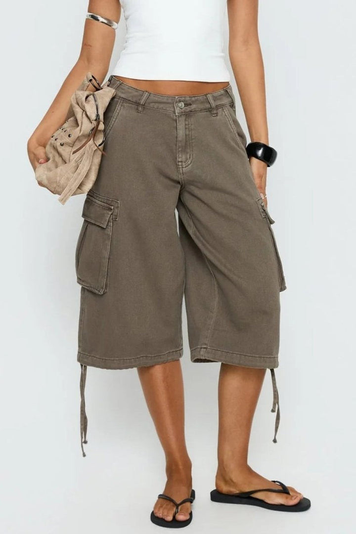 Comfortable mocha women's relaxed fit cargo capris, perfect casual summer bottoms.