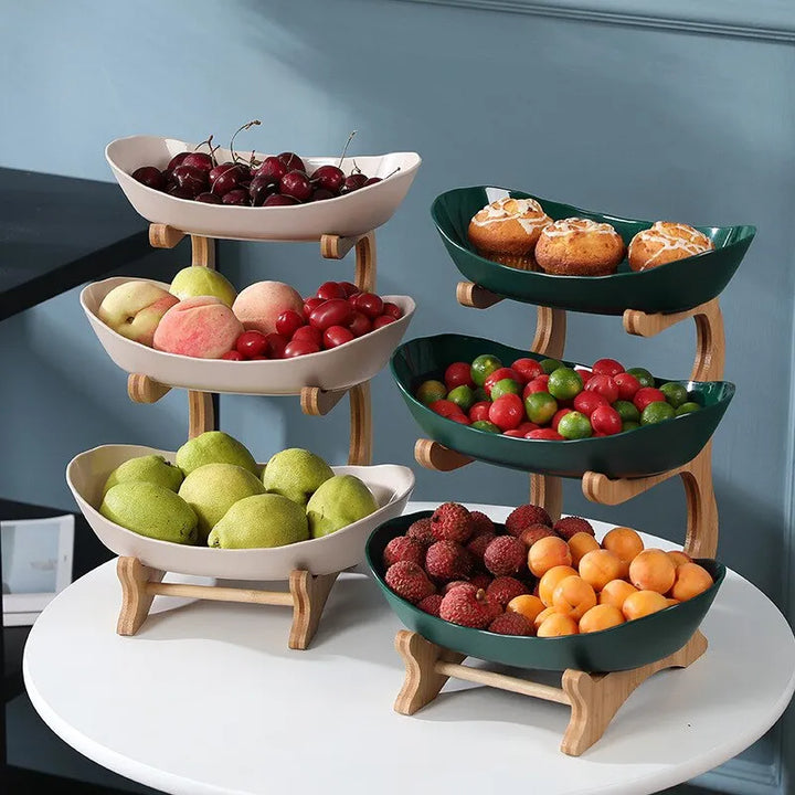 Stylish multi-tier metal fruit basket organizer for kitchen counters, ideal for fruits, veggies, or snacks.