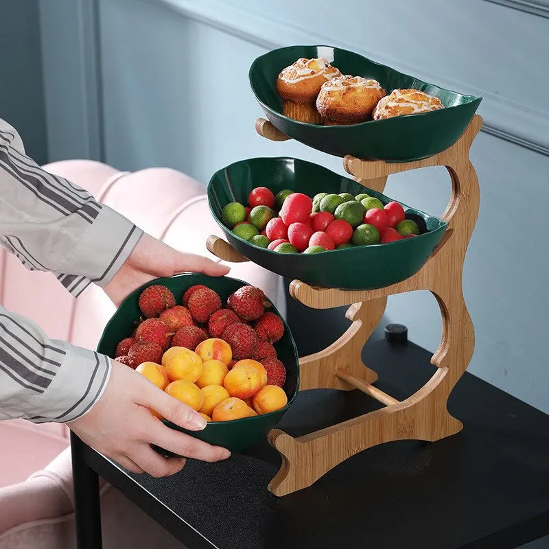 Elegant metal fruit stand, 3-tier design for kitchen counter produce storage. A modern home decor essential.