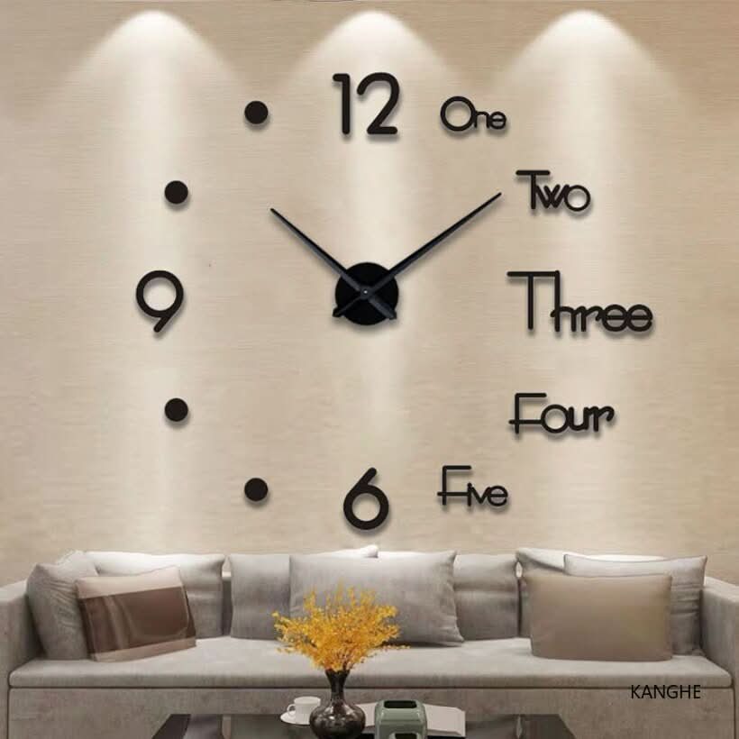 Modern 3D DIY wall clock, large frameless design, perfect for living room decor. Easy to assemble acrylic timepiece.