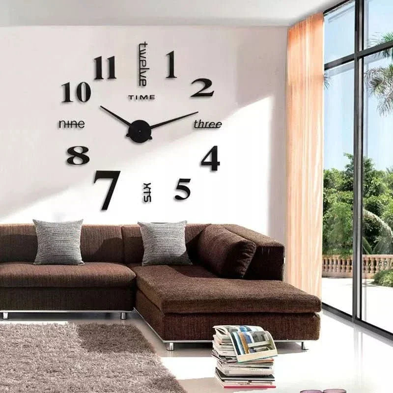 Contemporary frameless 3D wall clock, DIY acrylic timepiece for modern home decor. Large decorative living room clock.