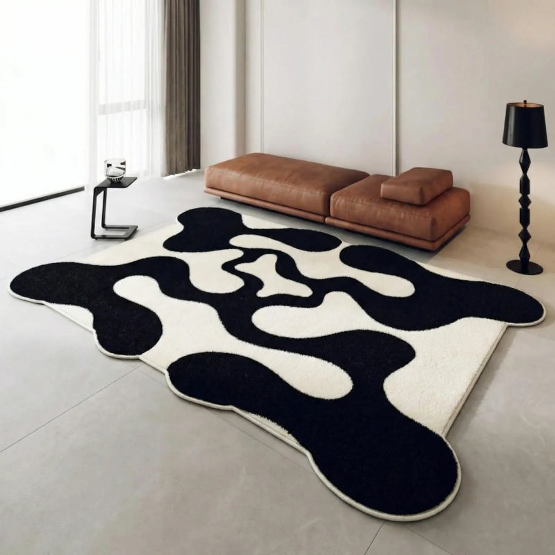 Modern abstract area rug with Flowique wave pattern. Contemporary floor decor for stylish living rooms & bedrooms.
