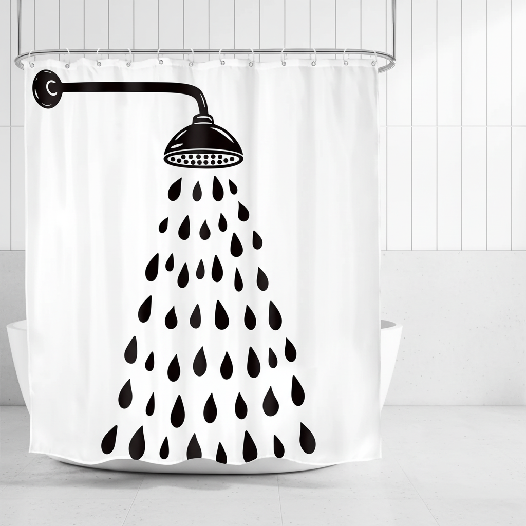 Modern abstract raindrop pattern waterproof shower curtain in black and white for modern bathroom decor