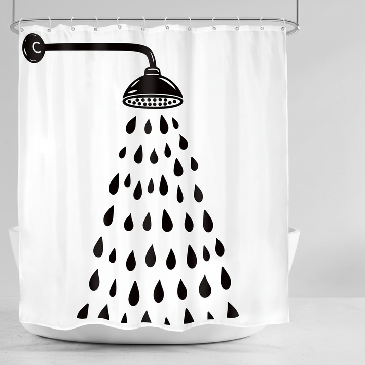 Waterproof polyester shower curtain with a minimalist raindrop design, perfect for contemporary bathrooms
