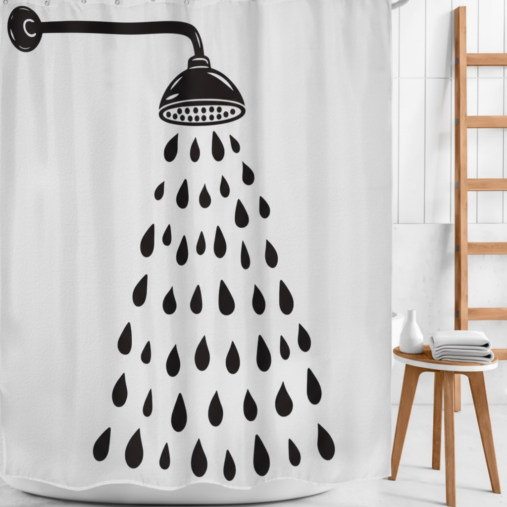 Black and white modern bathroom shower curtain featuring an abstract raindrop pattern, home essential