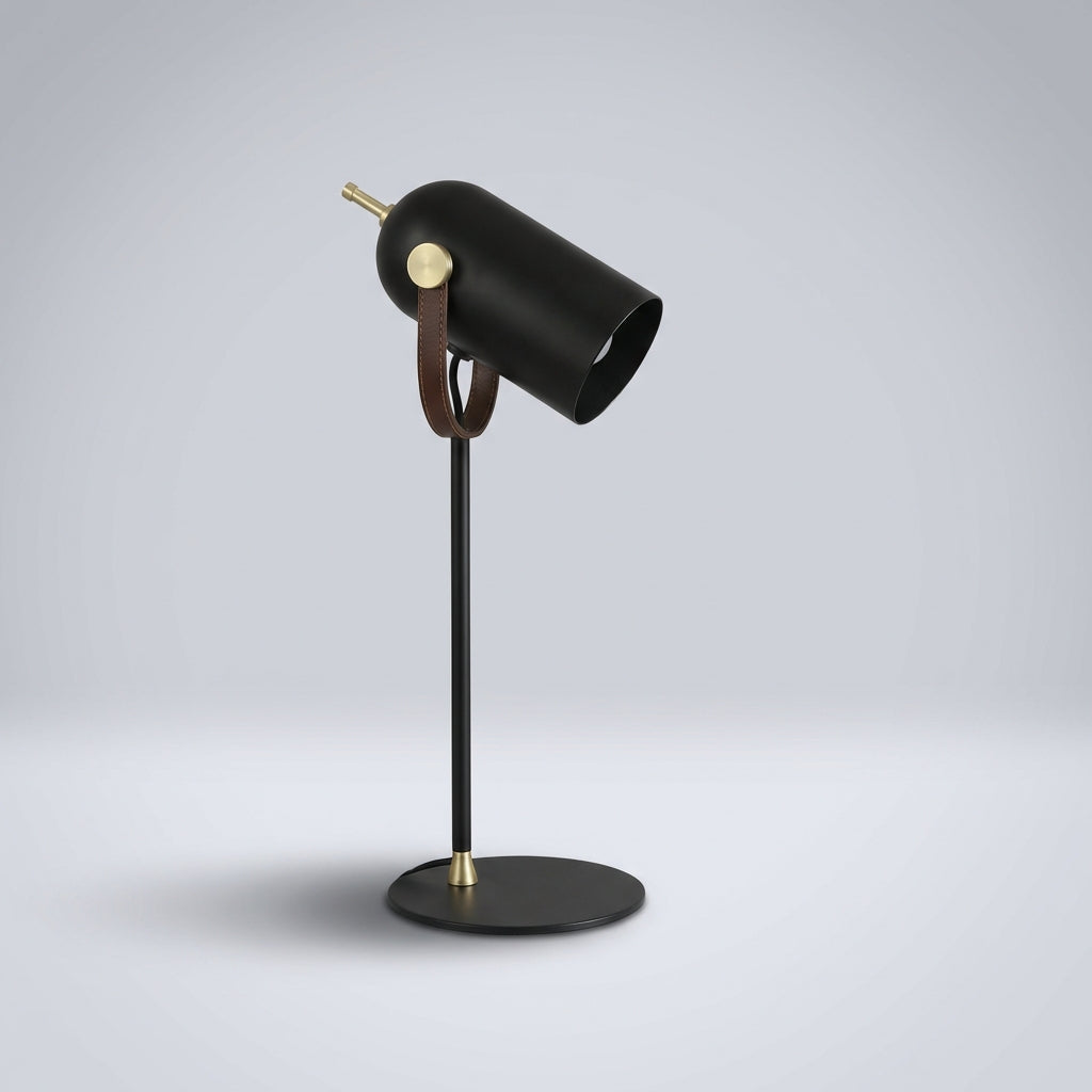 Detailed view of the Deskora modern desk lamp's adjustable head and leather base, great for targeted illumination.
