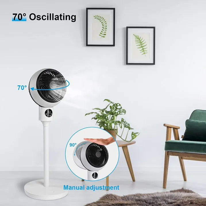 Modern pedestal fan with remote control for quiet, adjustable home cooling. Oscillates for superior air circulation.