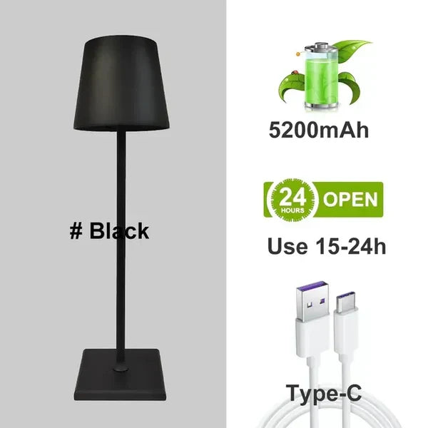 Contemporary aluminum portable table lamp with touch control. Rechargeable LED, ideal for modern home decor.