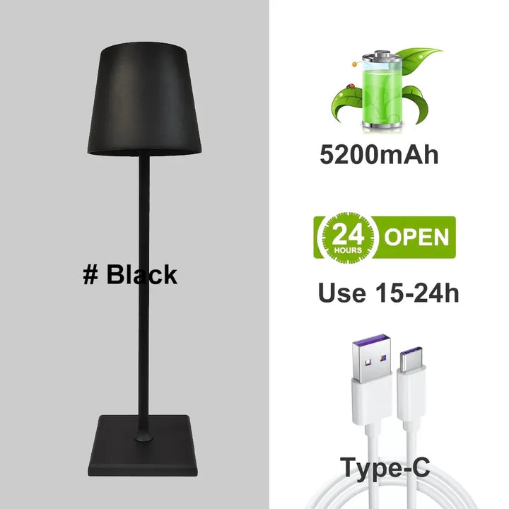 Touch control dimmable portable LED lamp. Wireless, rechargeable aluminum table light for any room.