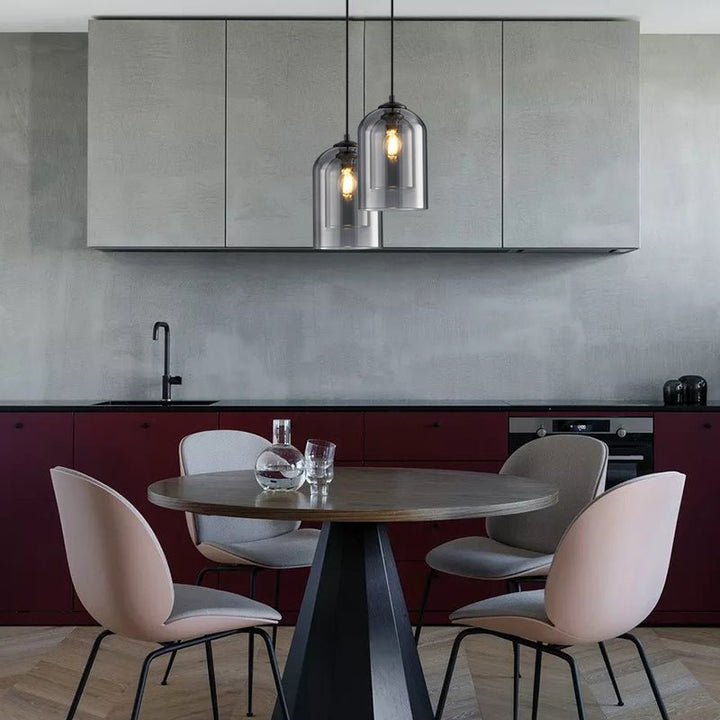 Close-up of modern AuraGlas double glass pendant light, highlighting elegant design and quality.