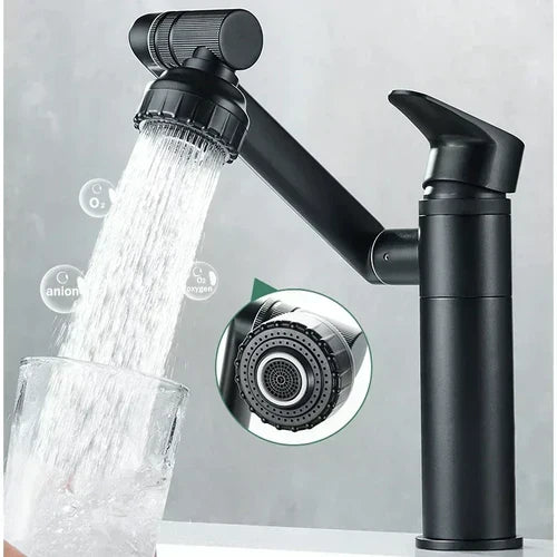 Modern bathroom sink faucet with 1080° swivel for flexible water control.