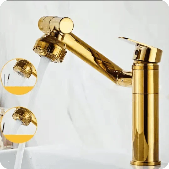 Gold finish 1080° swivel faucet, a modern and functional upgrade for any bathroom sink.