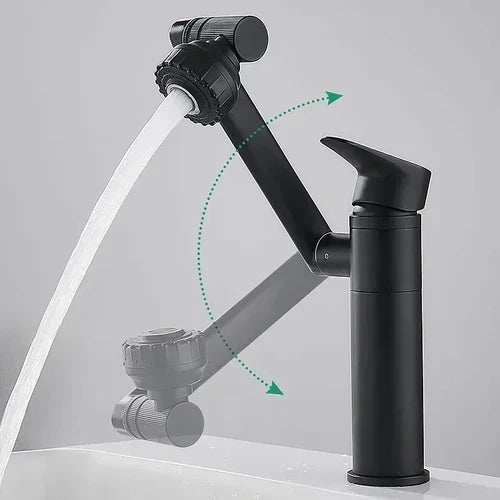 Black TwistFlow 1080° swivel bathroom faucet, splash-free design for modern homes.