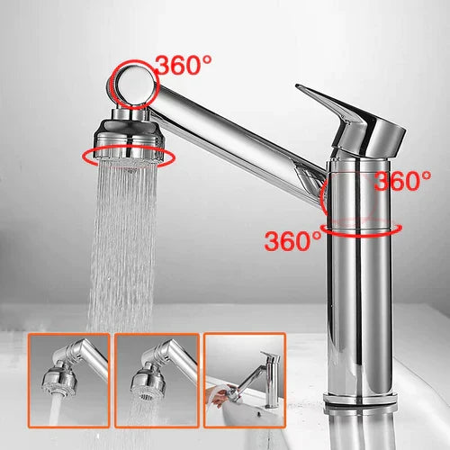 Sleek silver 1080° swivel sink tap, flexible water flow, ideal for bathroom and kitchen.